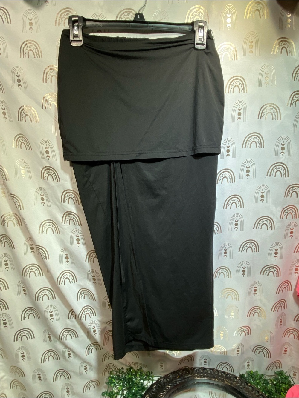 SHEIN Black Fold-Over Waist Midi Skirt with Side Drape